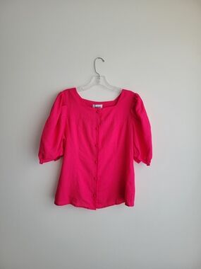 NWT Sapphire West Pink Puff Sleeve Button-Front Linen Blend Top